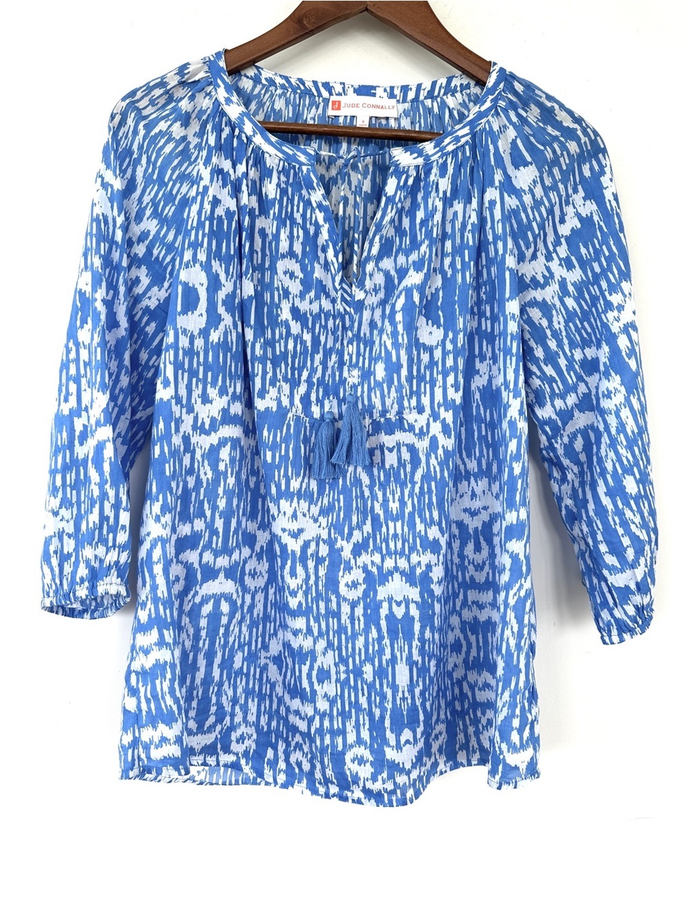 Jude Connally Blue & White Peasant Blouse, 3/4 Sleeves, Relaxed Fit, 💯 Cotton